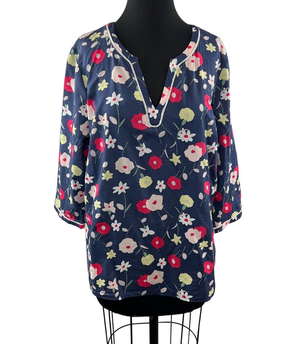 BODEN Blue 14 Tunic Top Cotton Floral Split Neck 3/4 Sleeve Pullover Regular